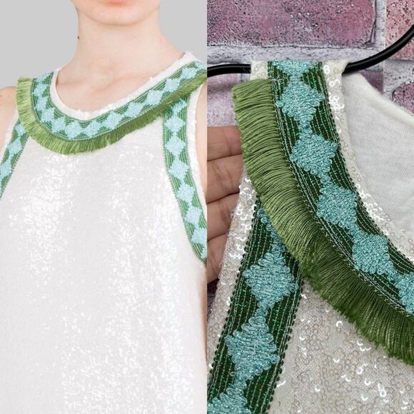 PHO FIRENZE WHITE SEQUIN MINI DRESS WITH DECORATED PROFILES XS - Picture 5 of 17